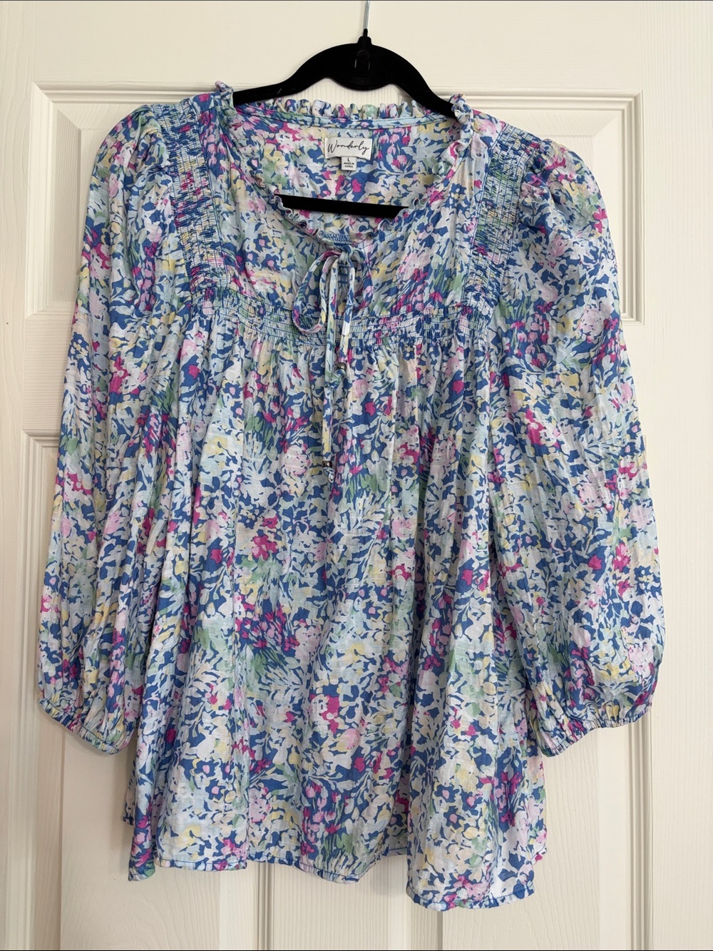 Wonderly Blue Floral Tie-Neck Smocked Blouse